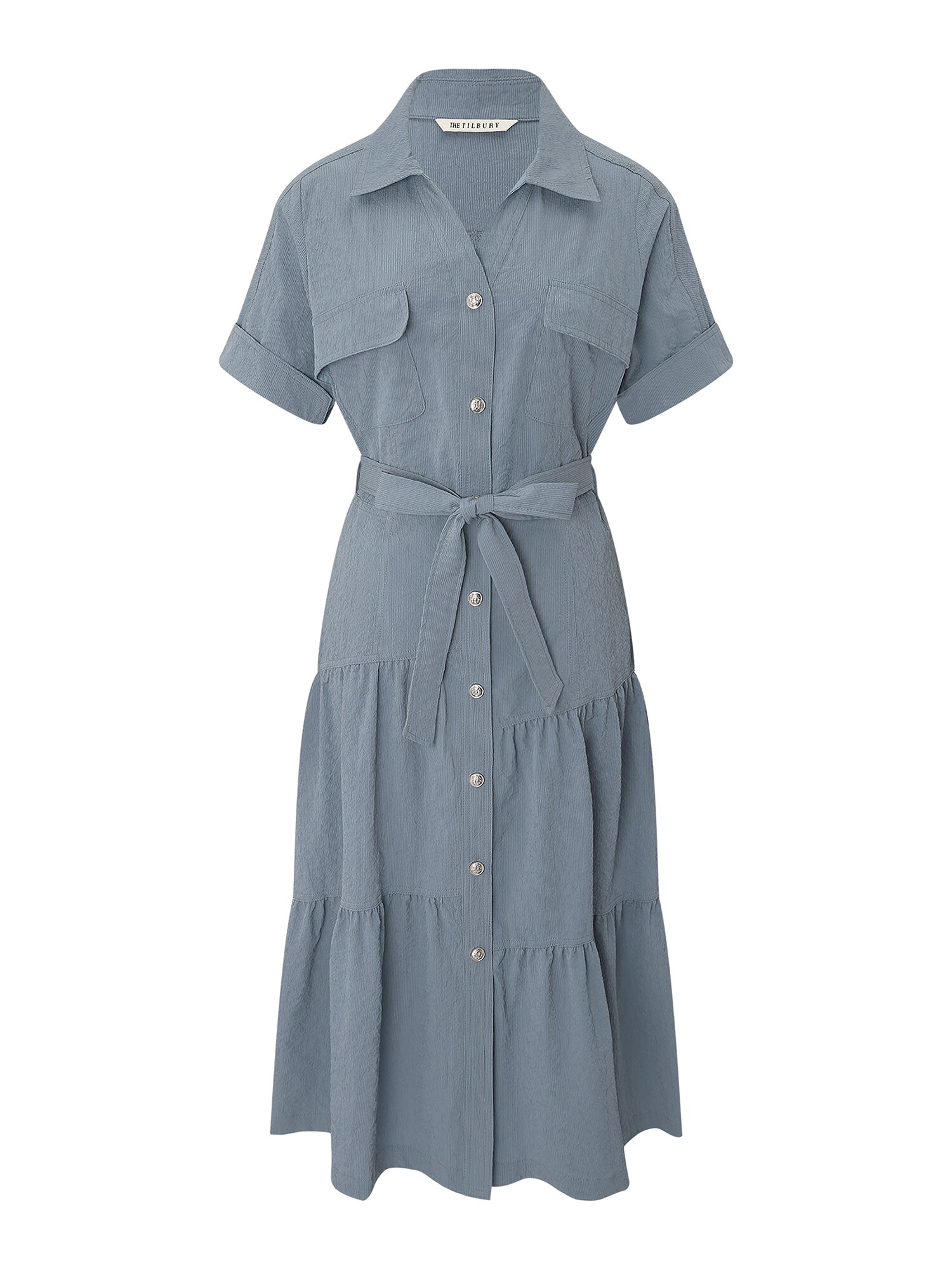 벨티드 셔링 플레어 원피스 (BLUE)