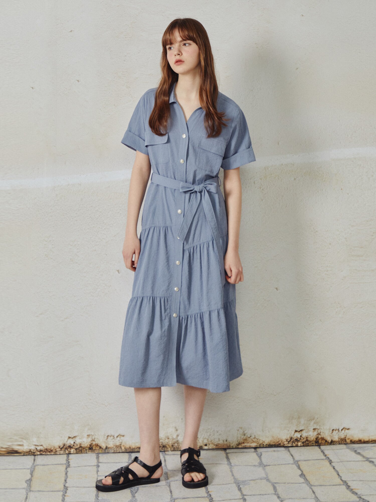 벨티드 셔링 플레어 원피스 (BLUE)