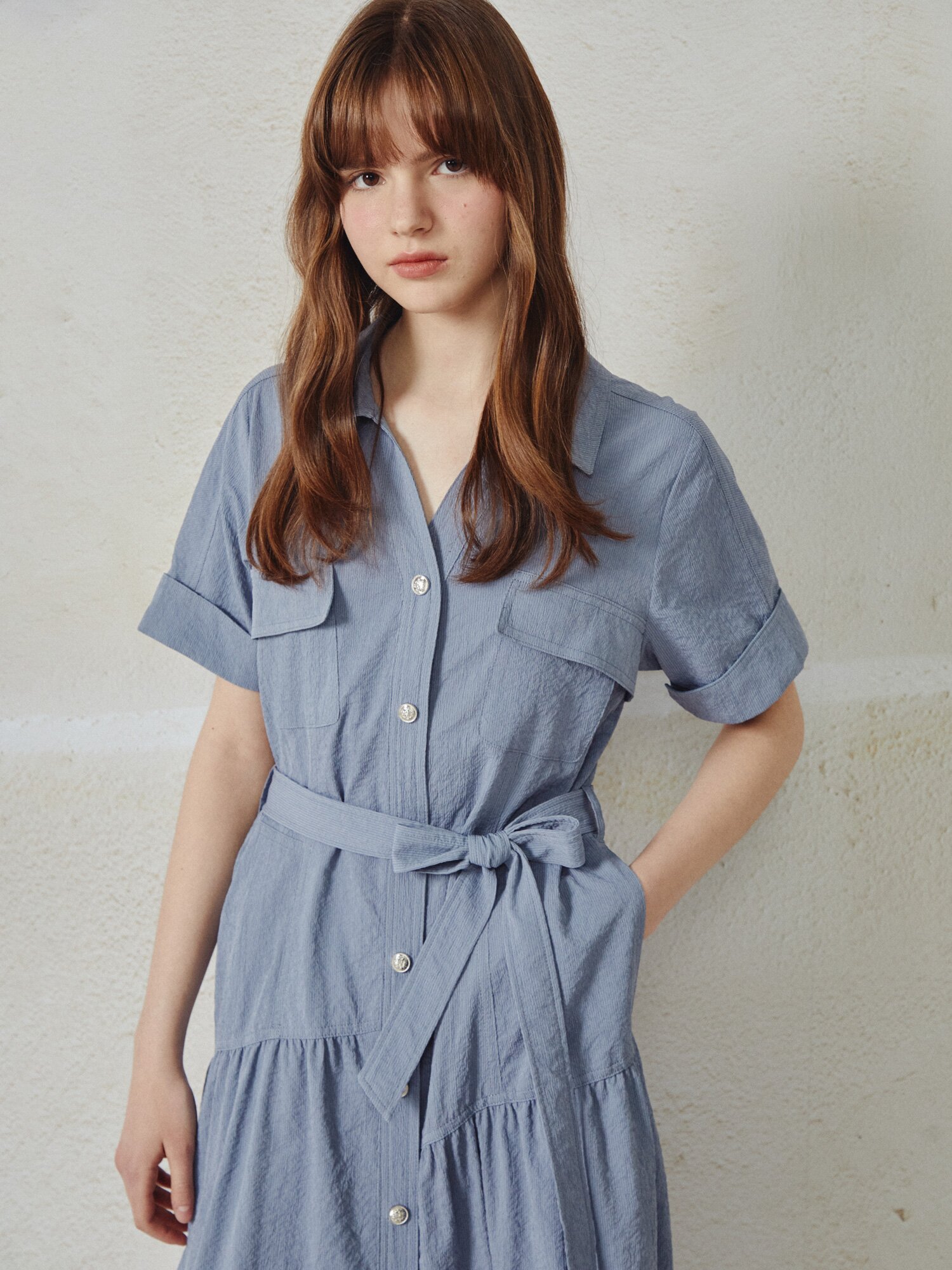 벨티드 셔링 플레어 원피스 (BLUE)