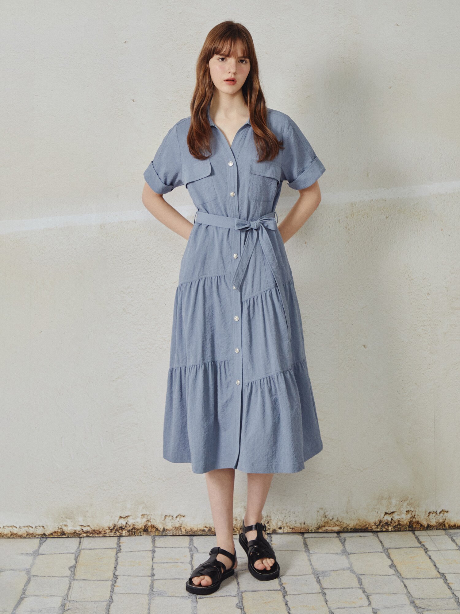 벨티드 셔링 플레어 원피스 (BLUE)