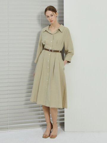 벨티드 백 버튼 플레어 셔츠 원피스 