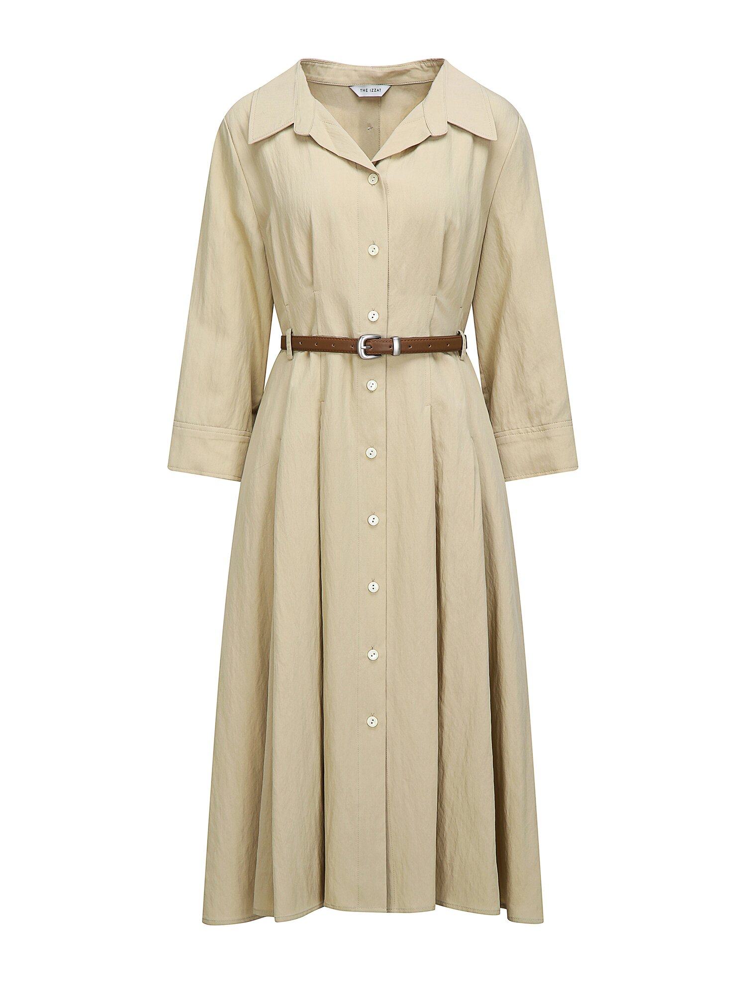 벨티드 백 버튼 플레어 셔츠 원피스 (BEIGE)