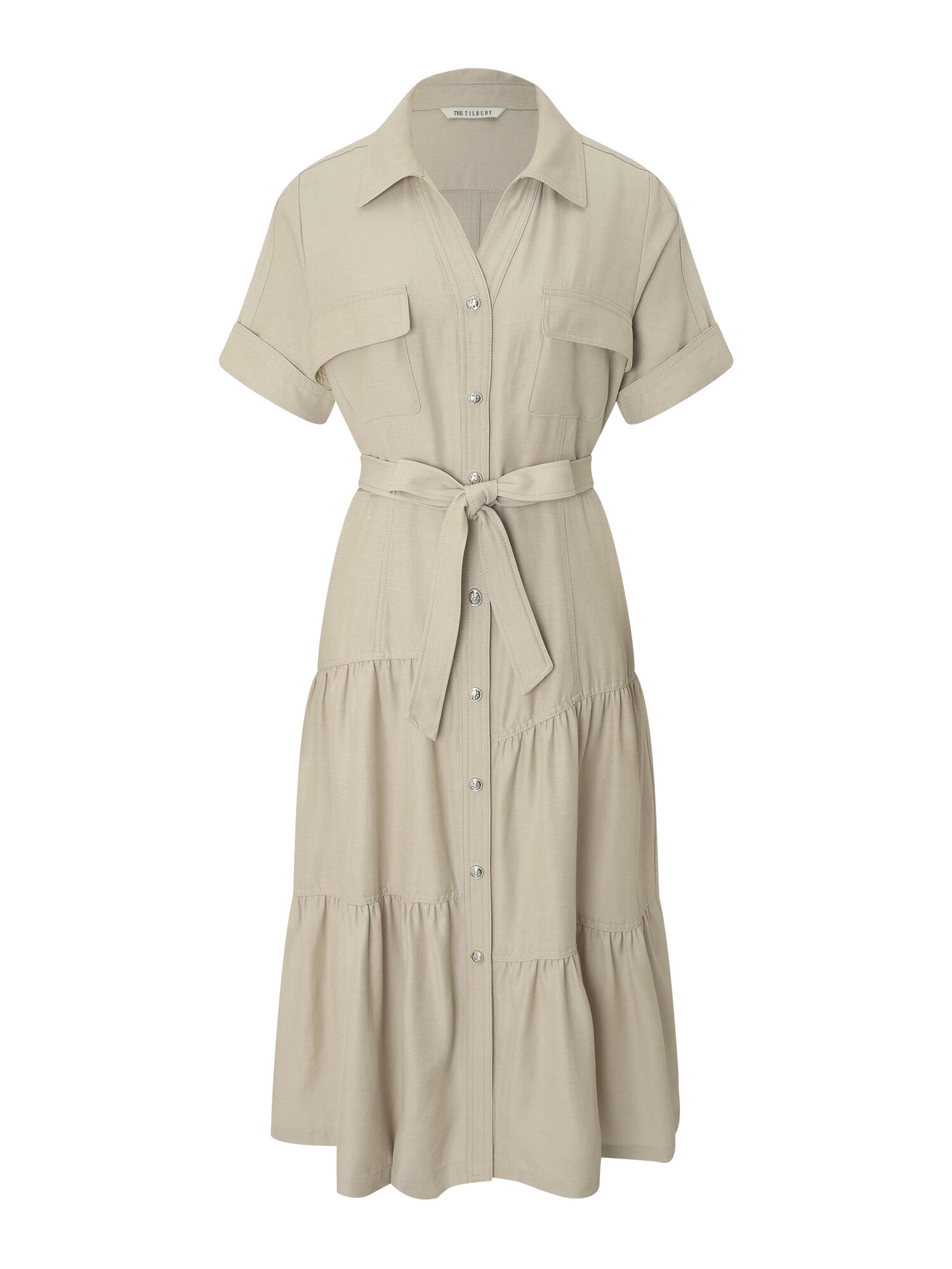 벨티드 셔링 오픈칼라 원피스 (BEIGE)