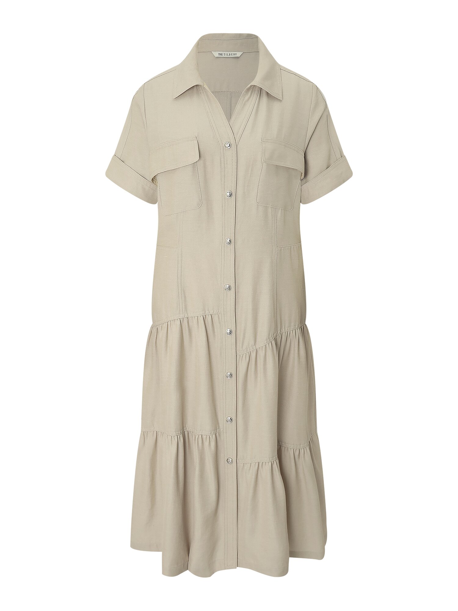 벨티드 셔링 오픈칼라 원피스 (BEIGE)