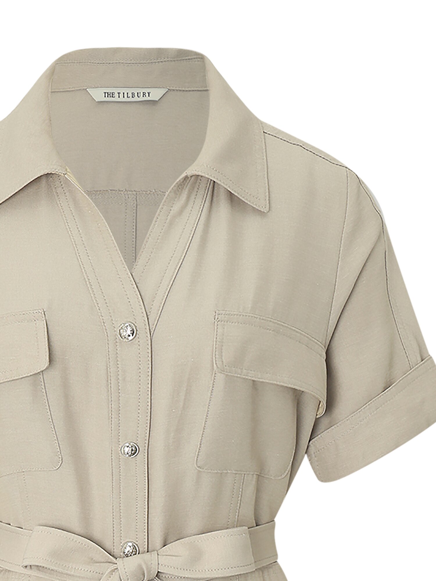 벨티드 셔링 오픈칼라 원피스 (BEIGE)