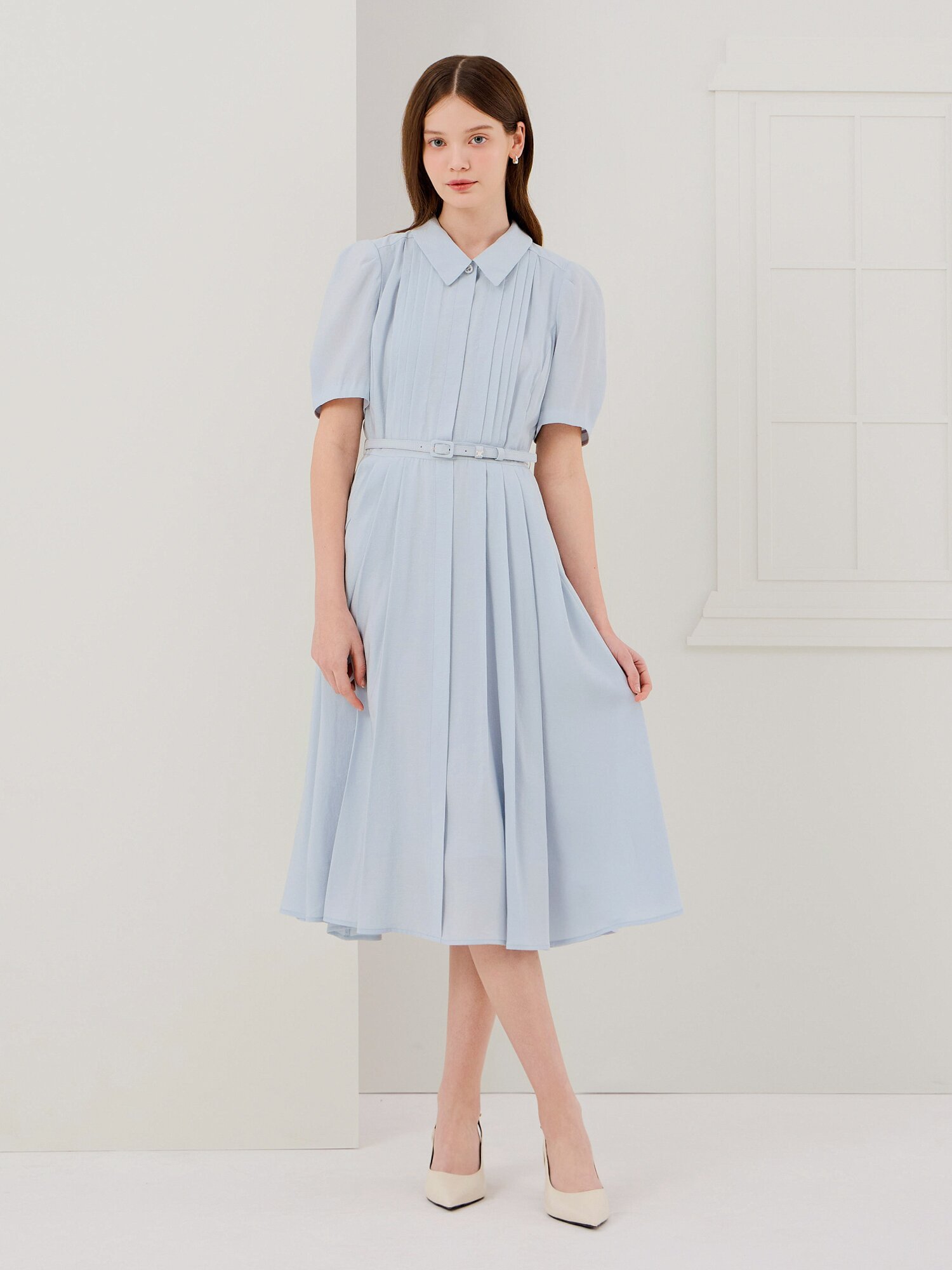 타이 핀턱 플레어 셔츠 원피스 (SKY BLUE)