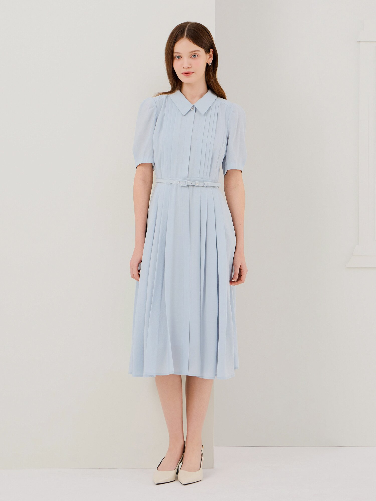 타이 핀턱 플레어 셔츠 원피스 (SKY BLUE)