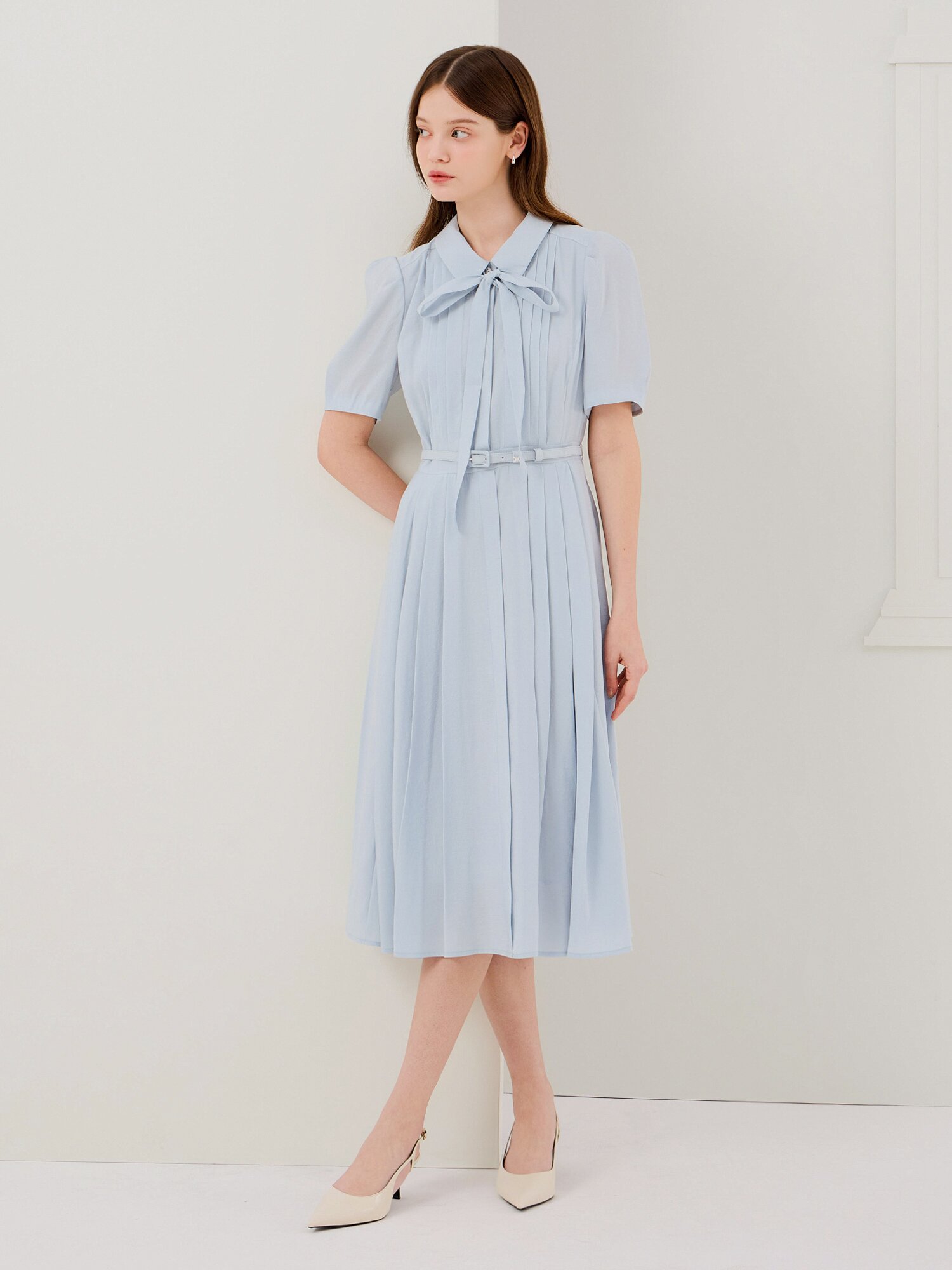 타이 핀턱 플레어 셔츠 원피스 (SKY BLUE)