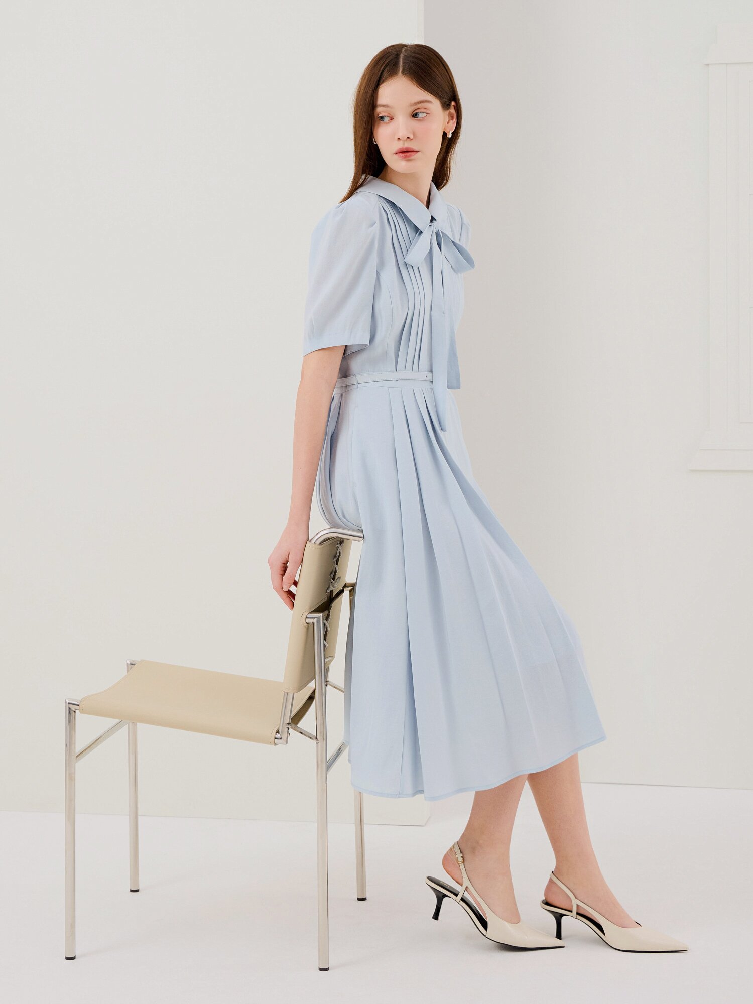 타이 핀턱 플레어 셔츠 원피스 (SKY BLUE)