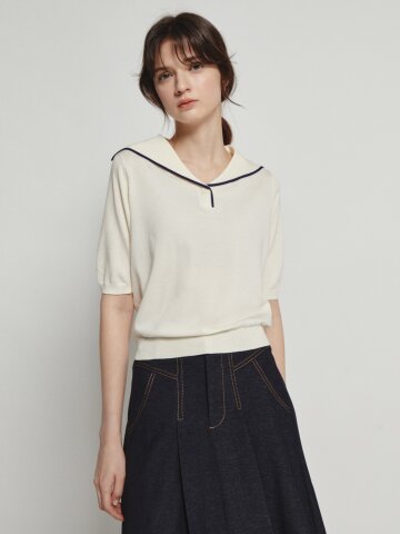 배색 세일러 칼라 풀오버 니트 