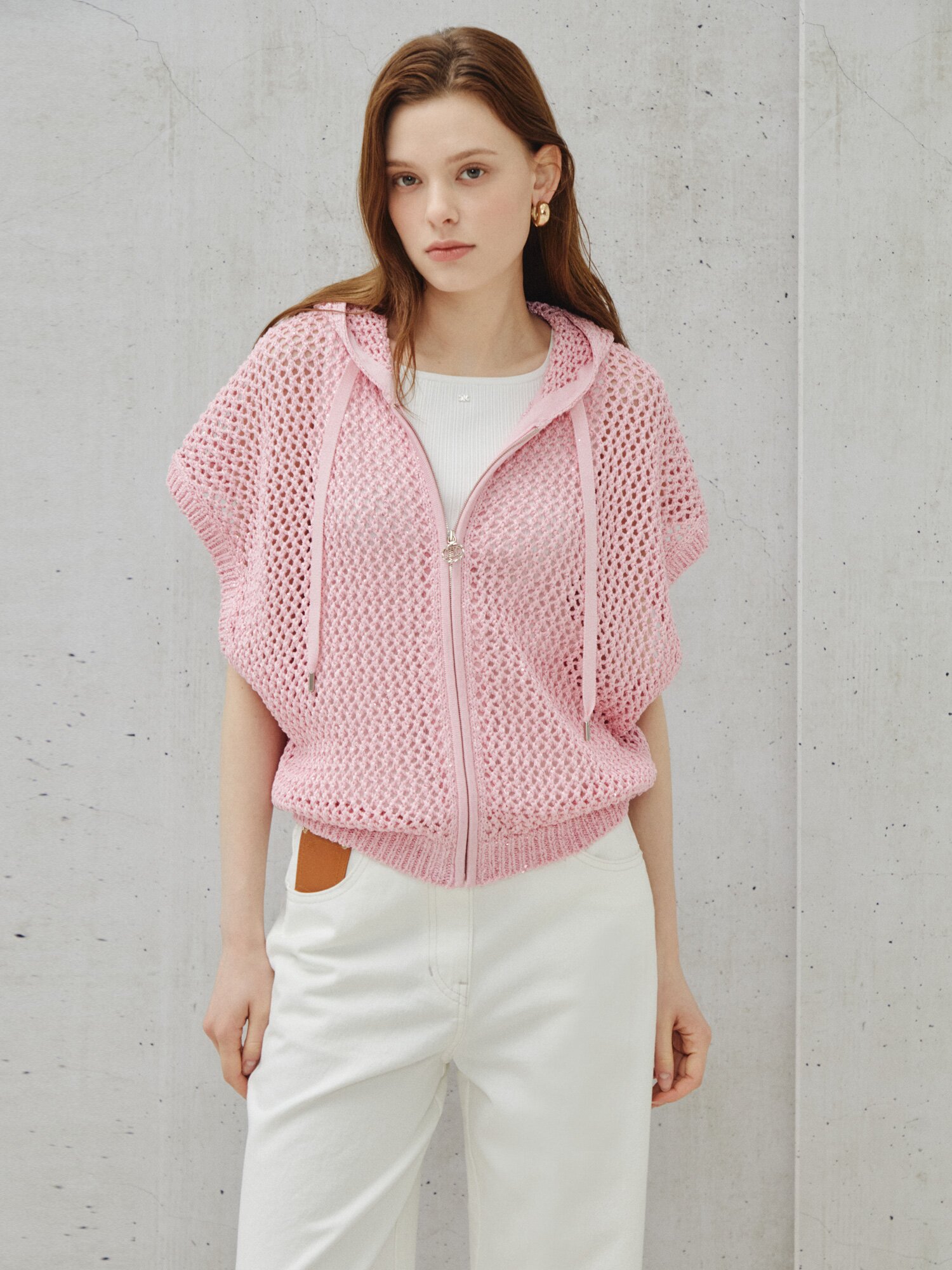 시퀸 믹스 크로셰 후드 집업 베스트 (LIGHT PINK)