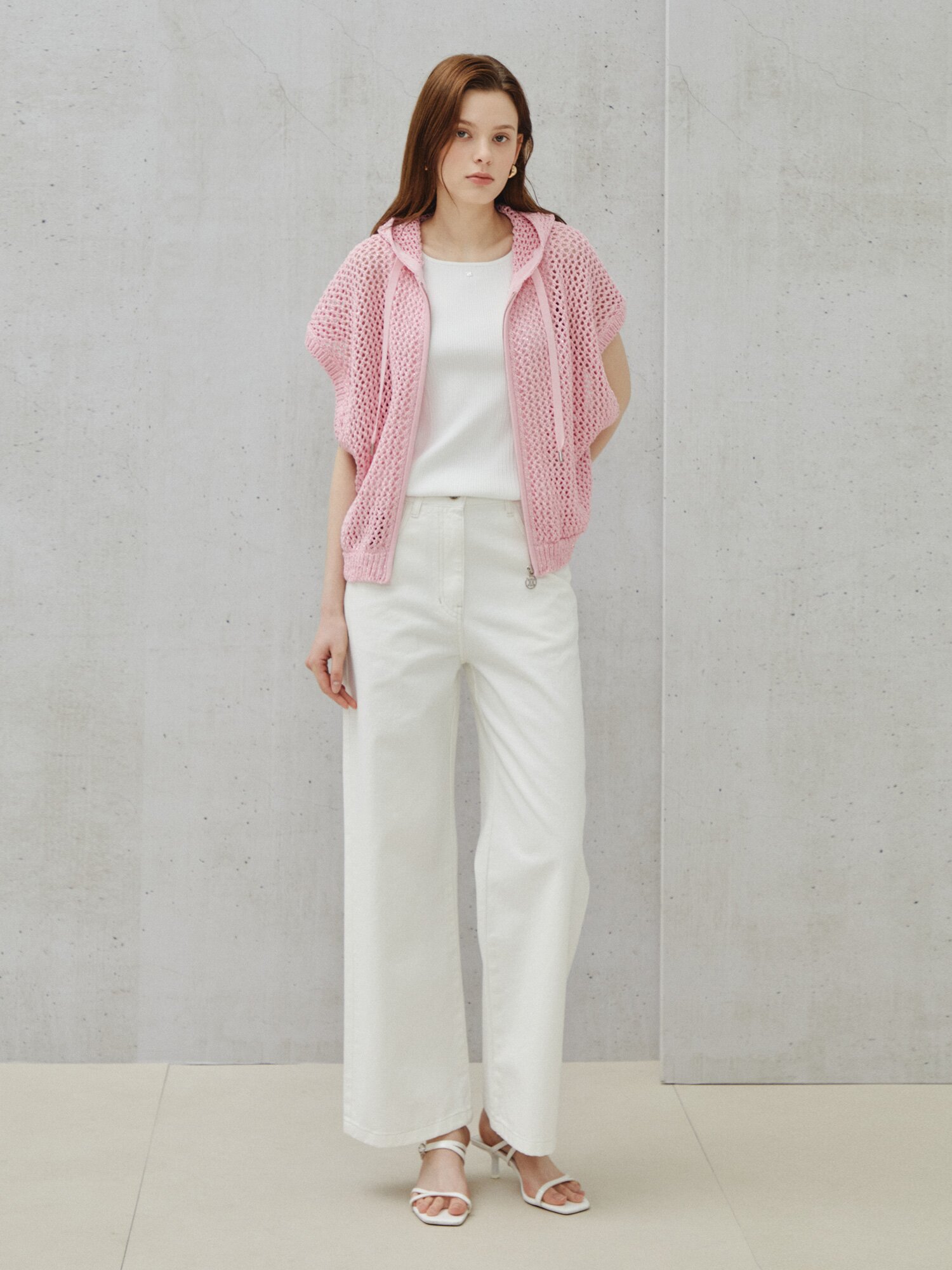 시퀸 믹스 크로셰 후드 집업 베스트 (LIGHT PINK)