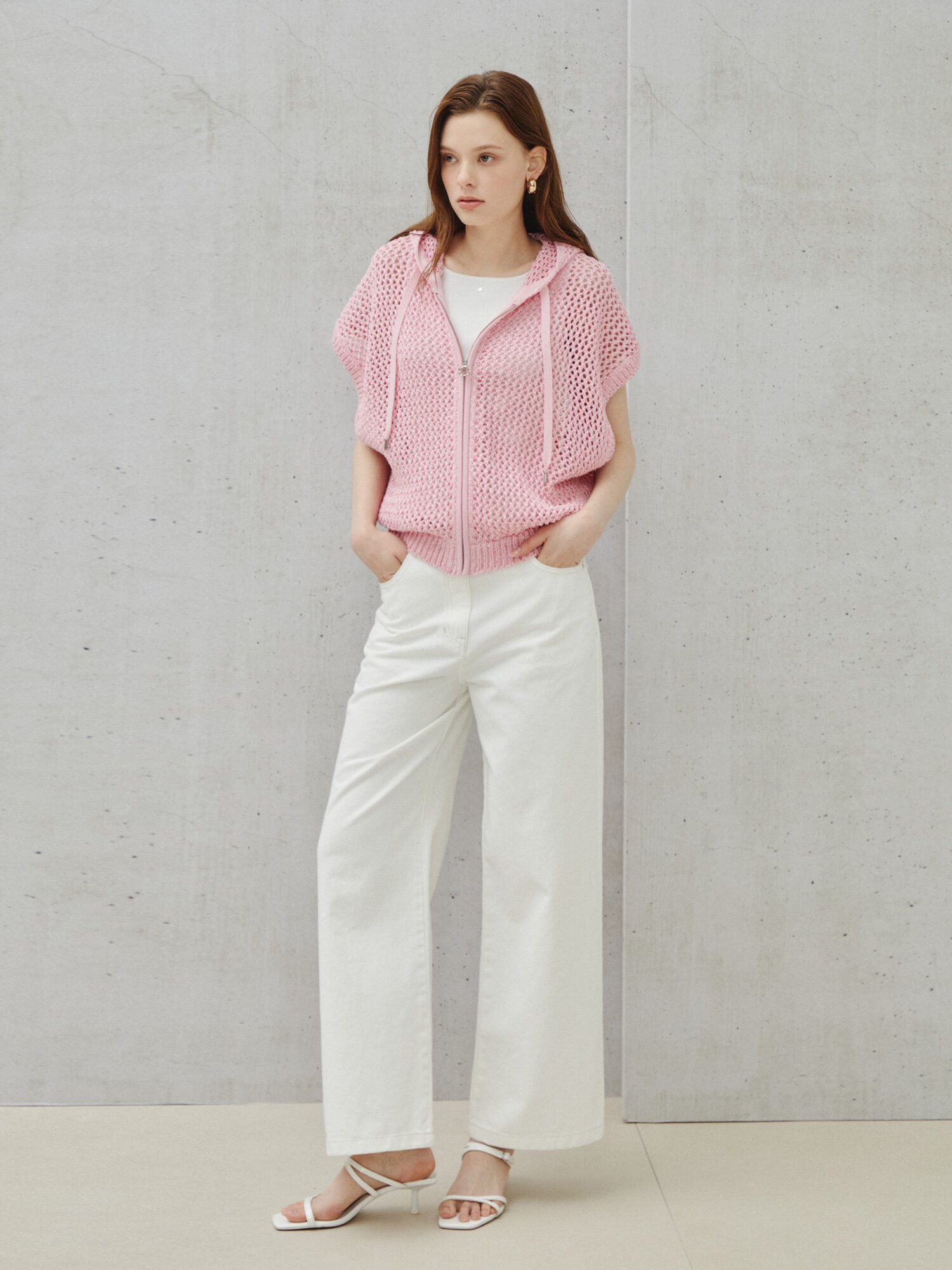 시퀸 믹스 크로셰 후드 집업 베스트 (LIGHT PINK)