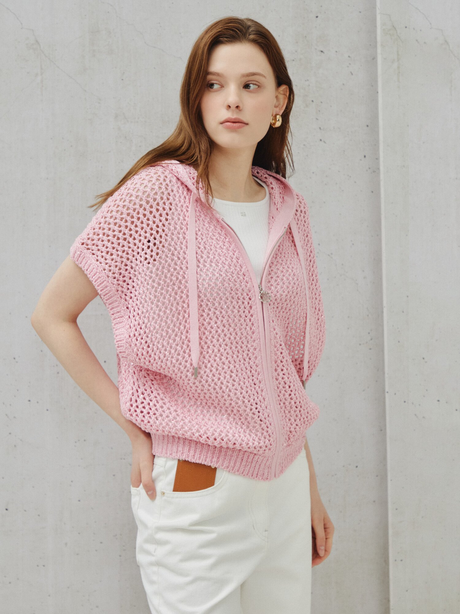 시퀸 믹스 크로셰 후드 집업 베스트 (LIGHT PINK)