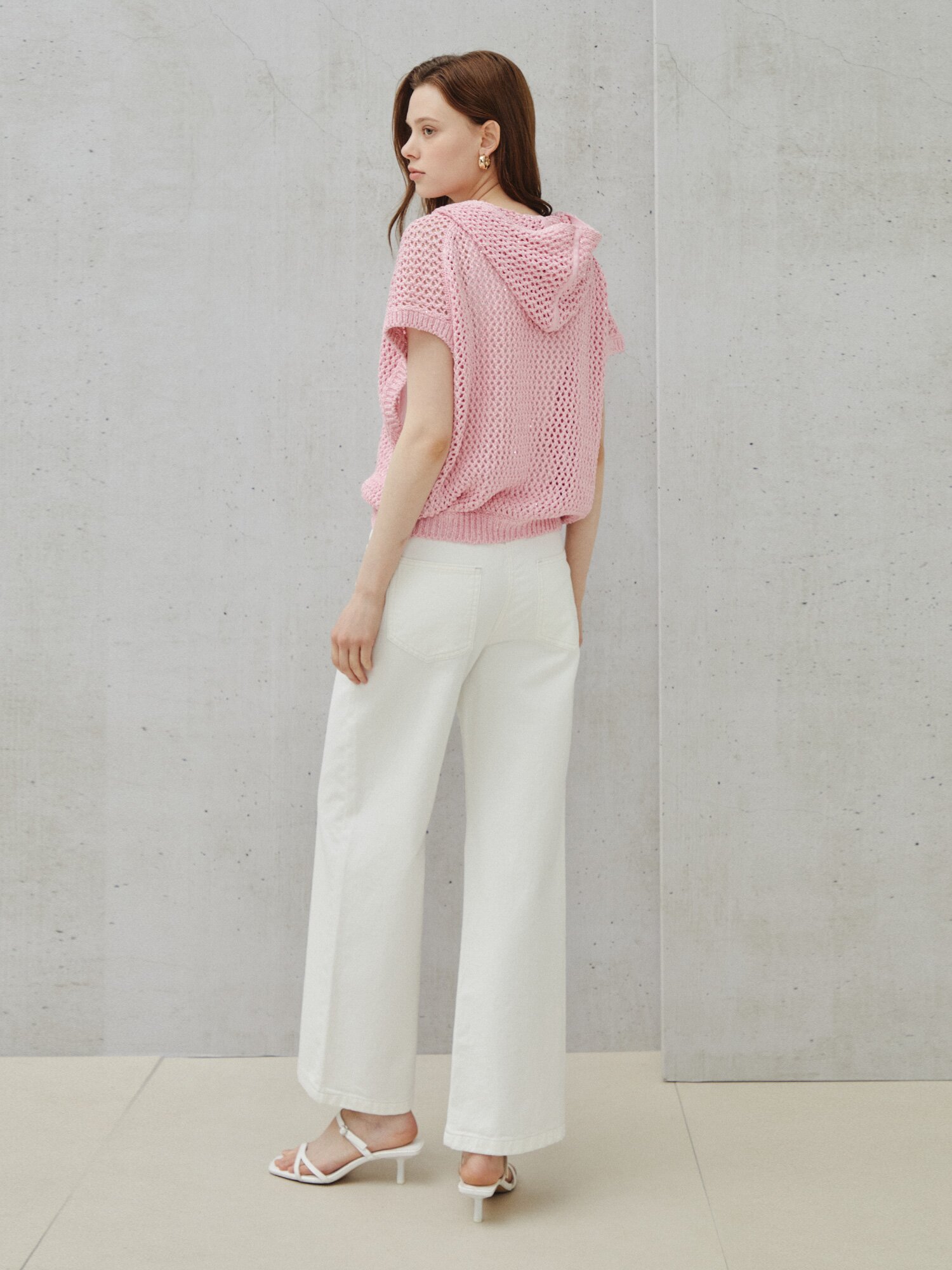 시퀸 믹스 크로셰 후드 집업 베스트 (LIGHT PINK)