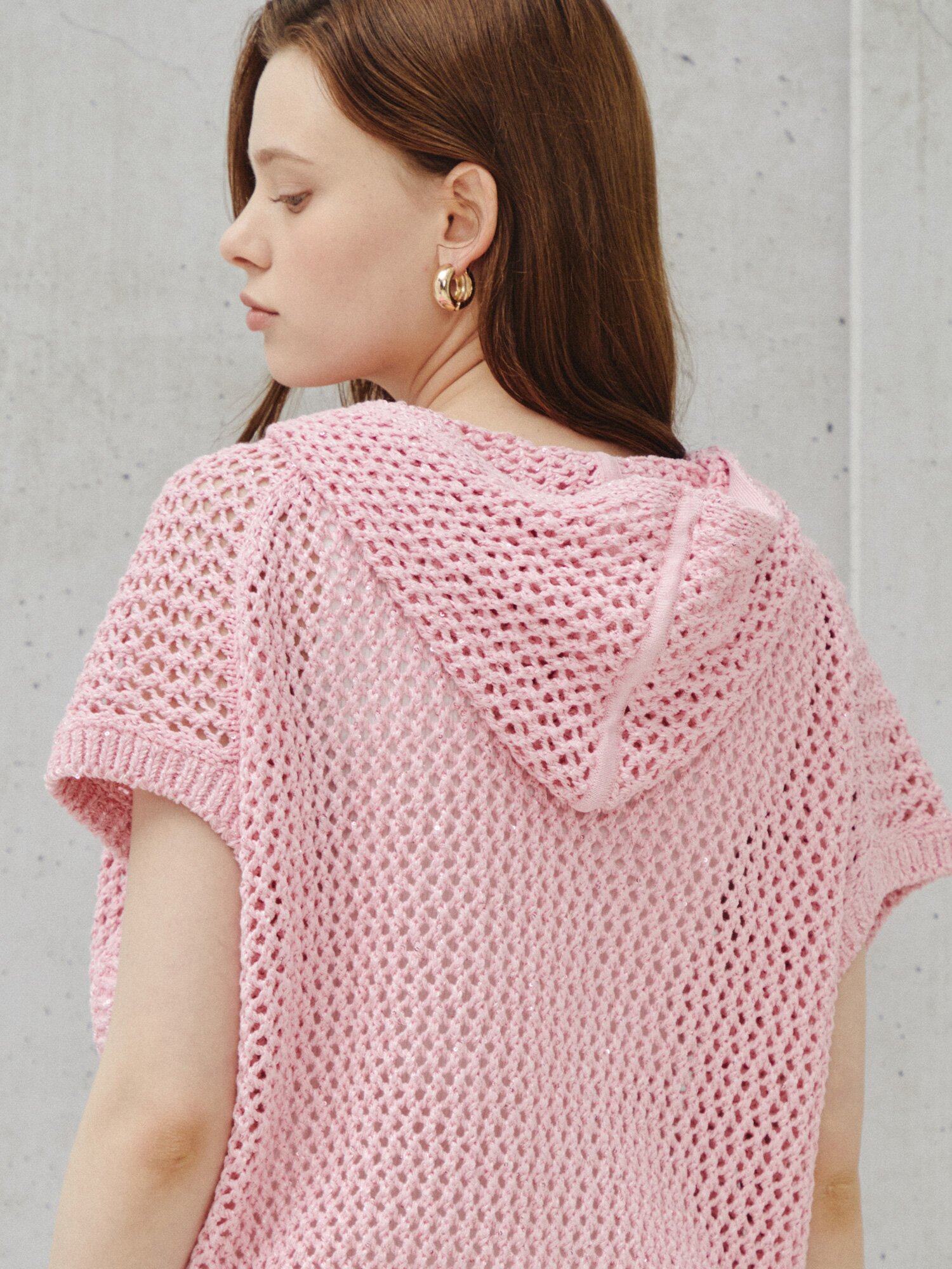 시퀸 믹스 크로셰 후드 집업 베스트 (LIGHT PINK)