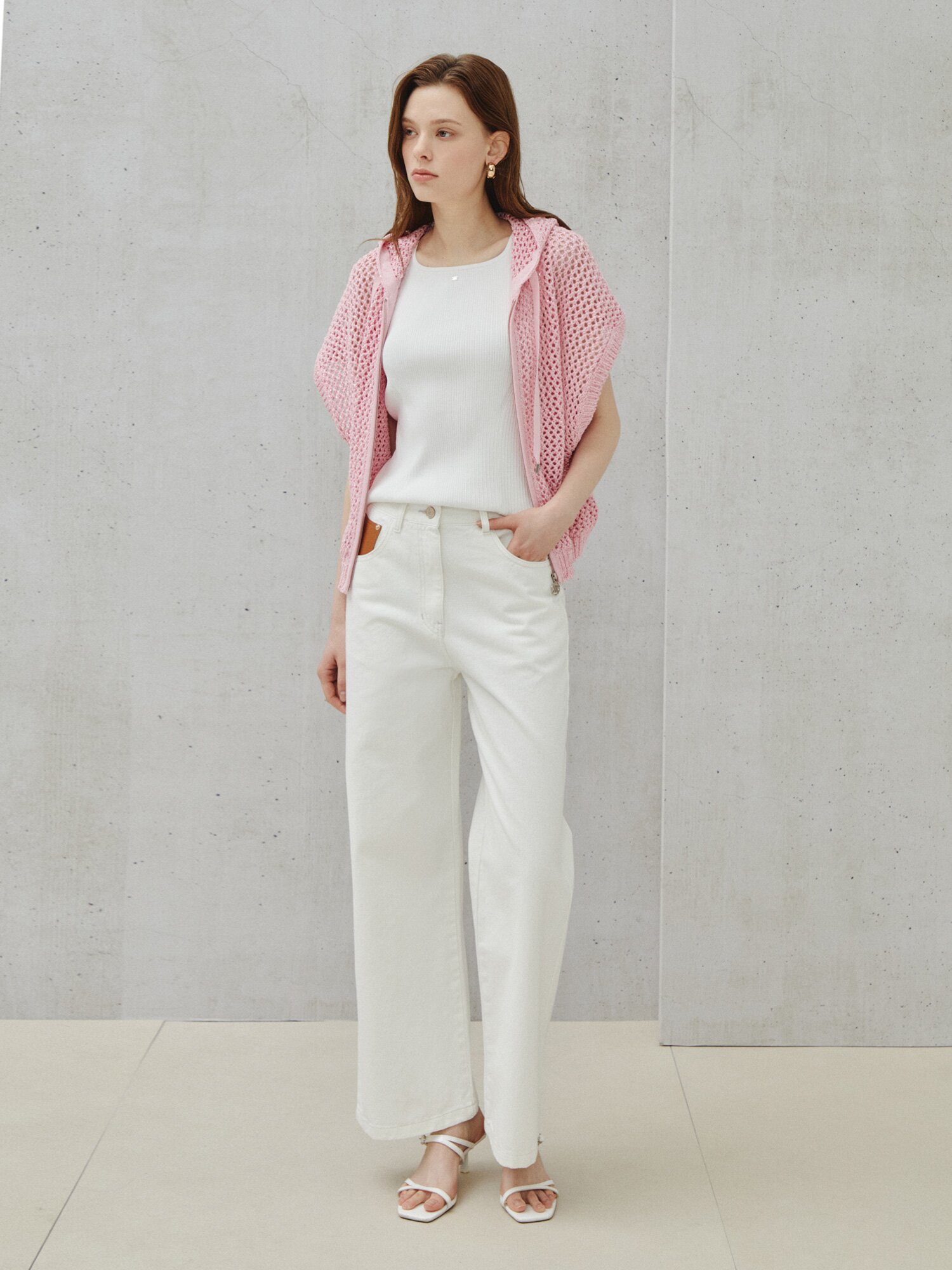 시퀸 믹스 크로셰 후드 집업 베스트 (LIGHT PINK)