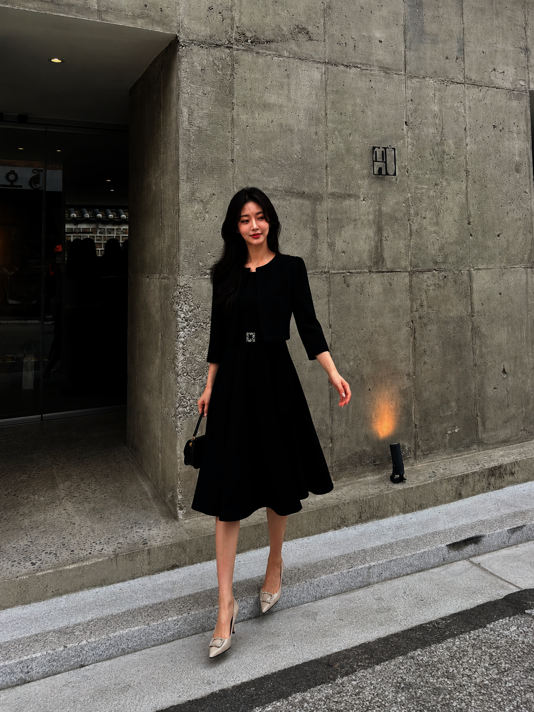 스퀘어 플레어 원피스 +재킷 세트 (BLACK)