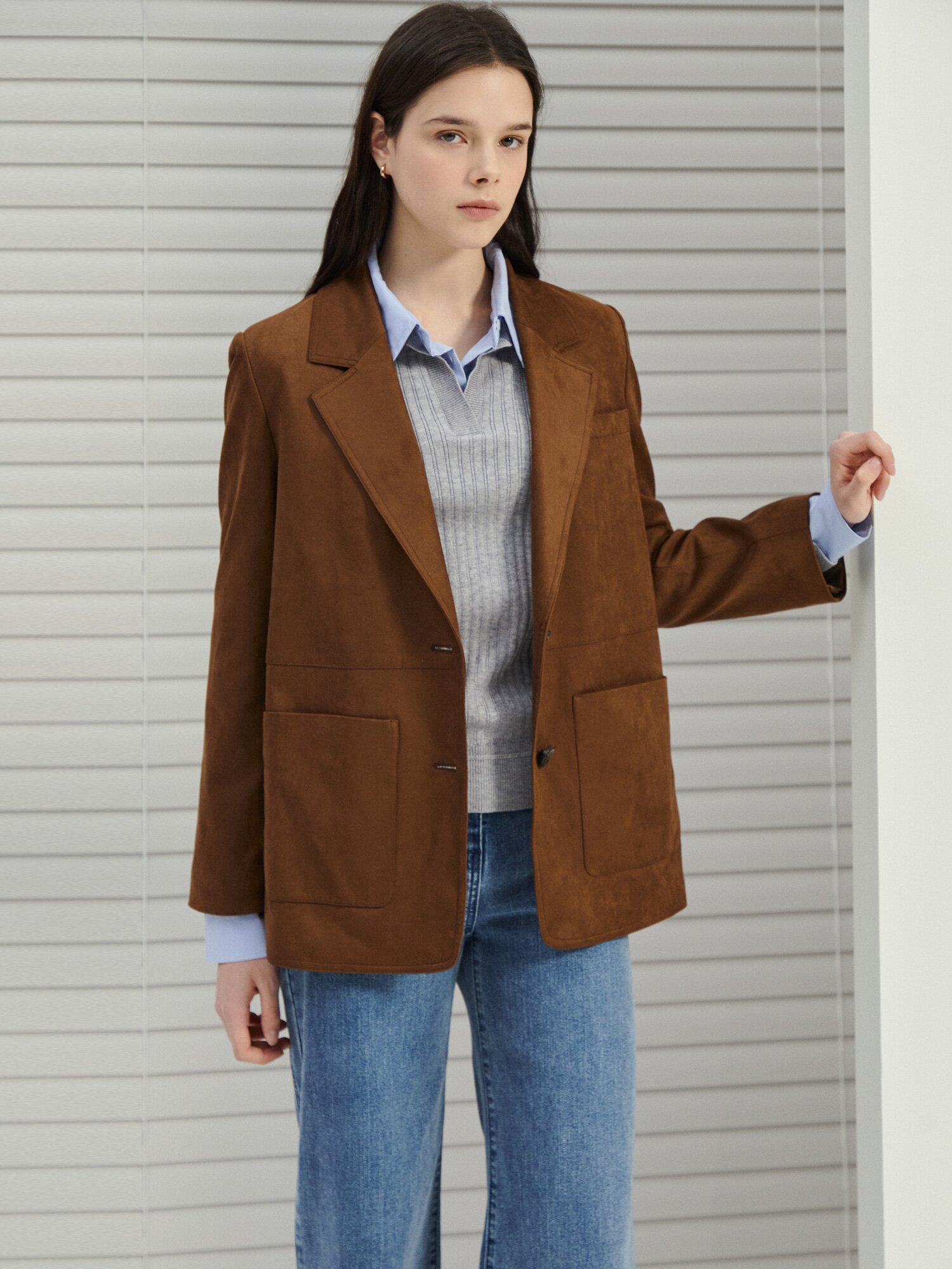 스웨이드 아웃 포켓 싱글 재킷 (BROWN)