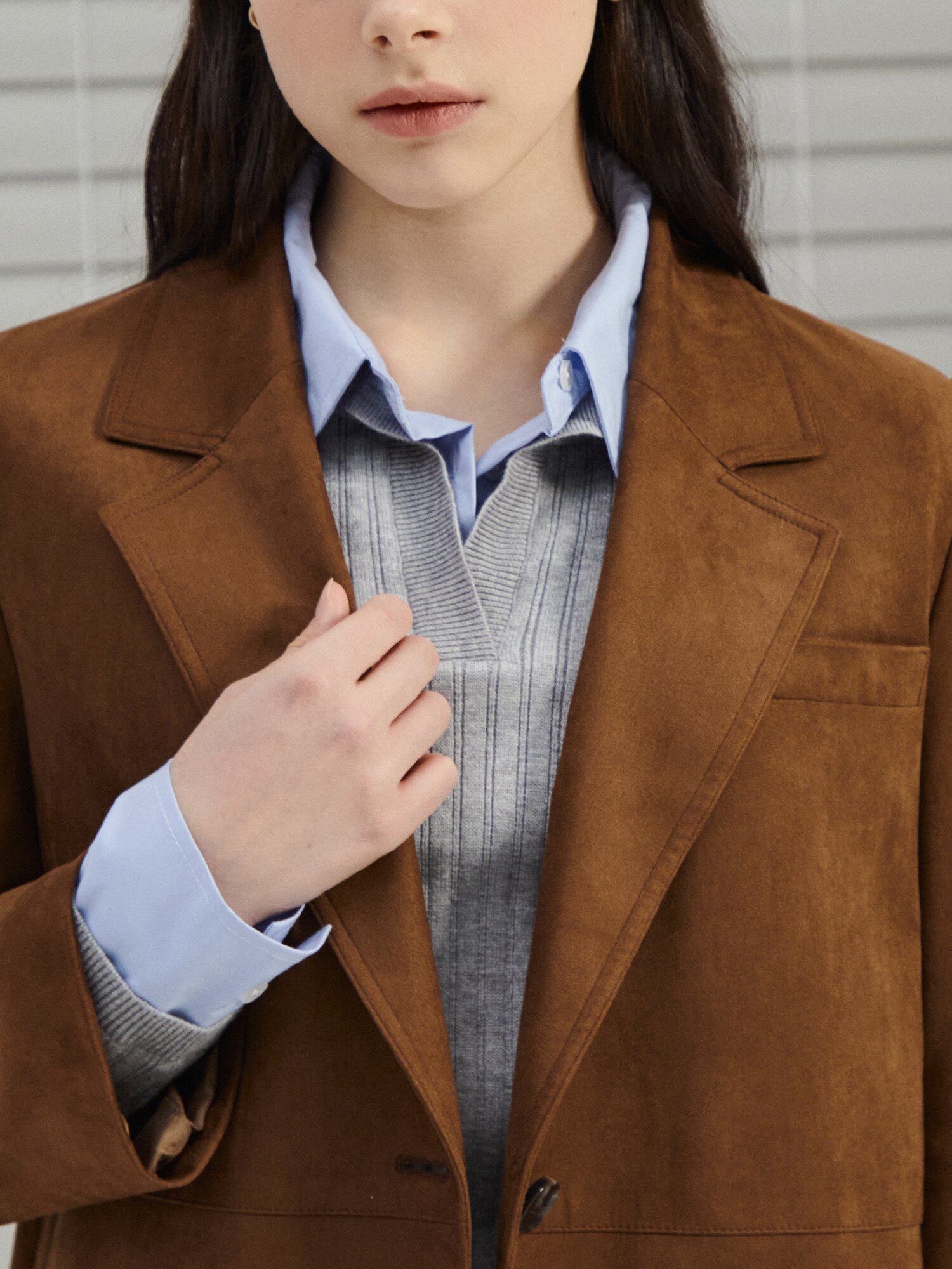 스웨이드 아웃 포켓 싱글 재킷 (BROWN)