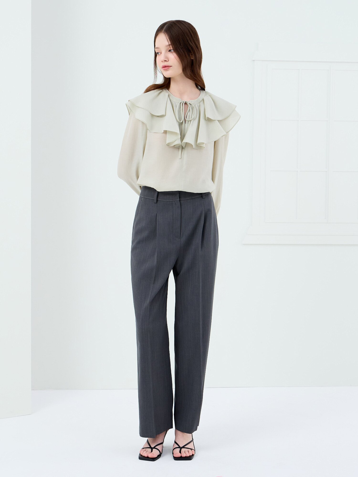 린넨 스티치 원턱 와이드 팬츠 (DARK GREY)