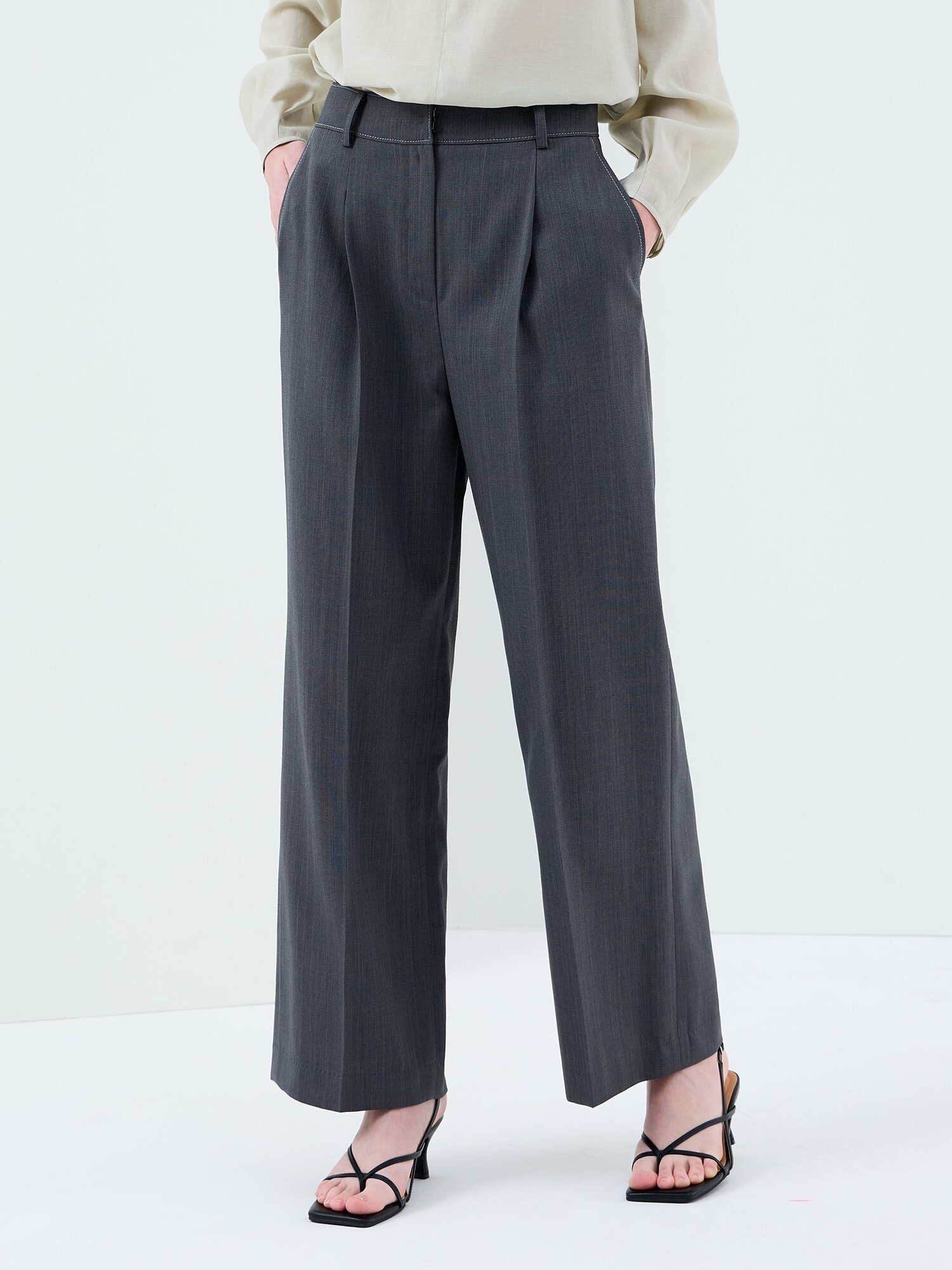 린넨 스티치 원턱 와이드 팬츠 (DARK GREY)