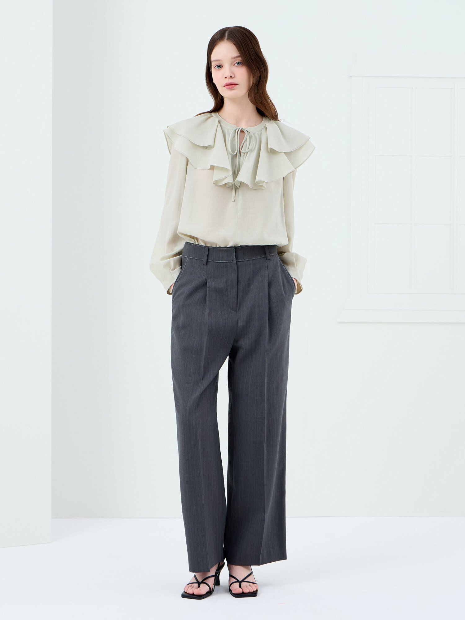 린넨 스티치 원턱 와이드 팬츠 (DARK GREY)