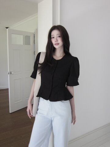 퍼프 슬리브 페플럼 블라우스 