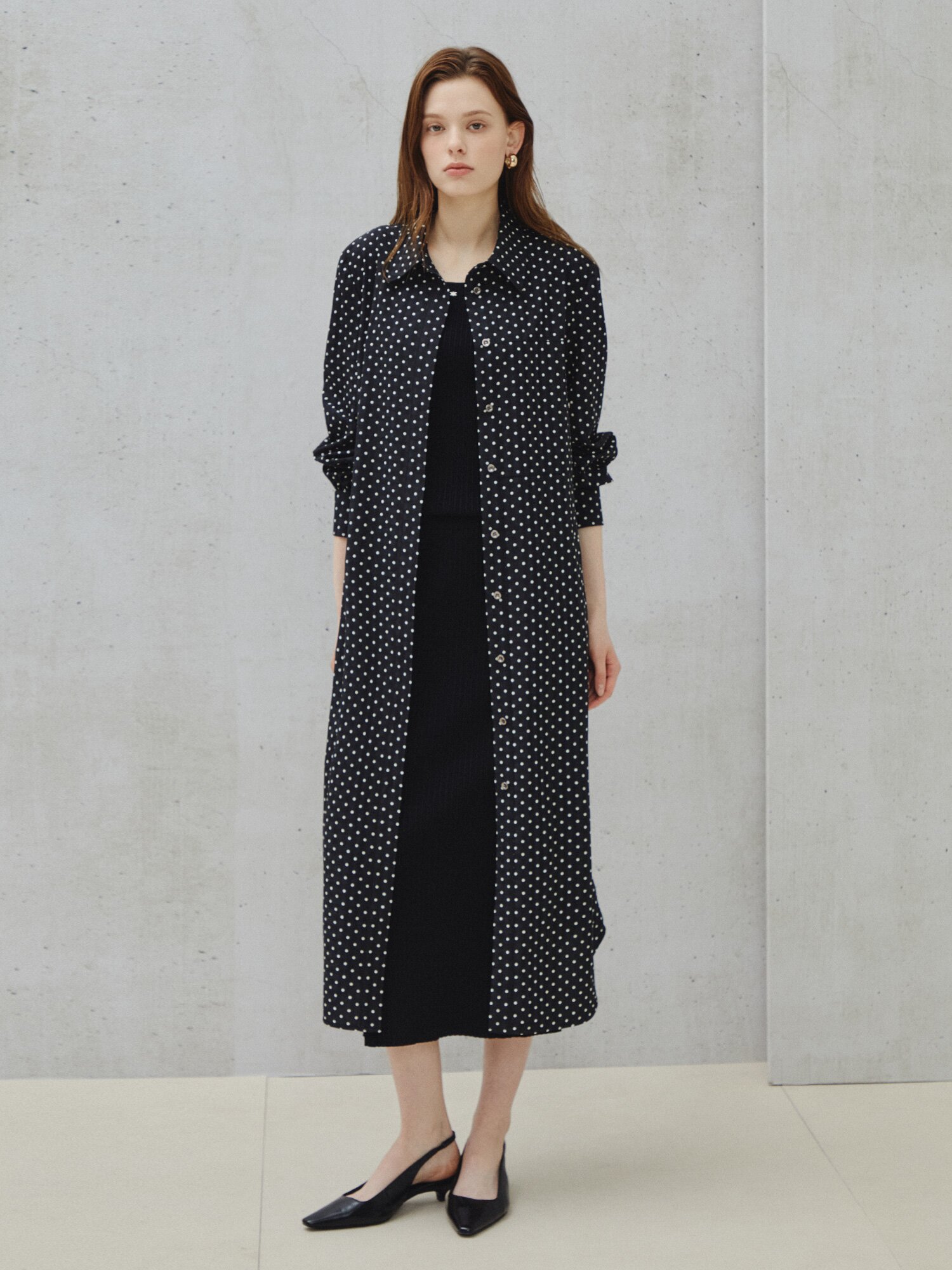 클래식 도트 프린트 셔츠 드레스 (BLACK)