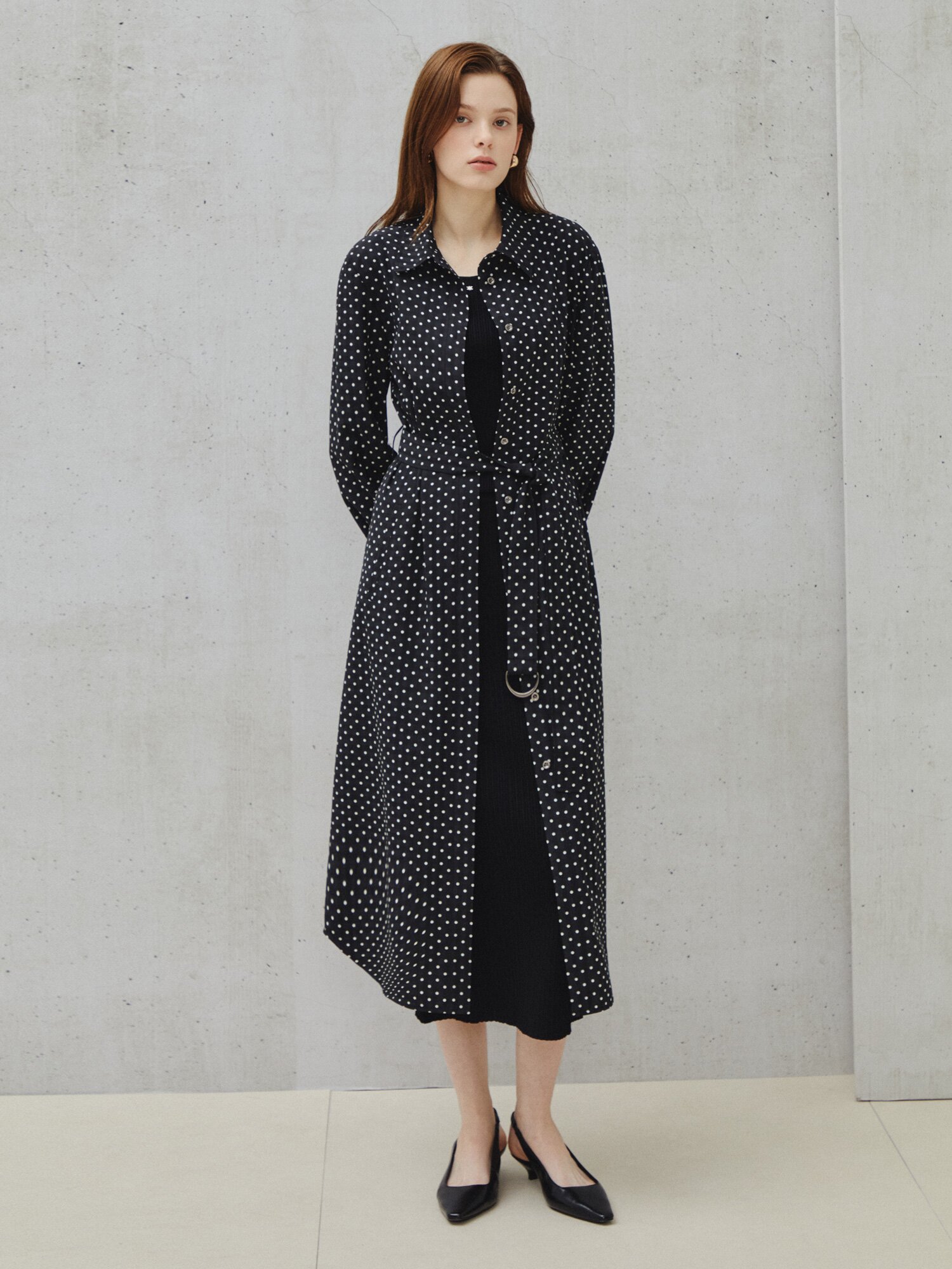 클래식 도트 프린트 셔츠 드레스 (BLACK)