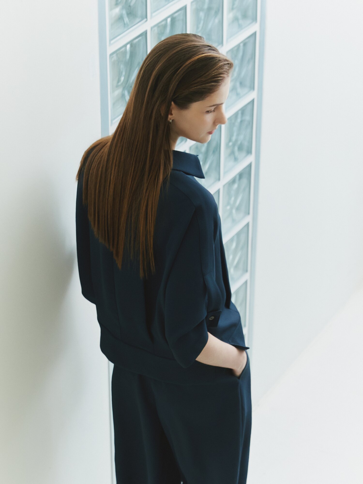 슬리브 버튼 블루종 블라우스 (NAVY)