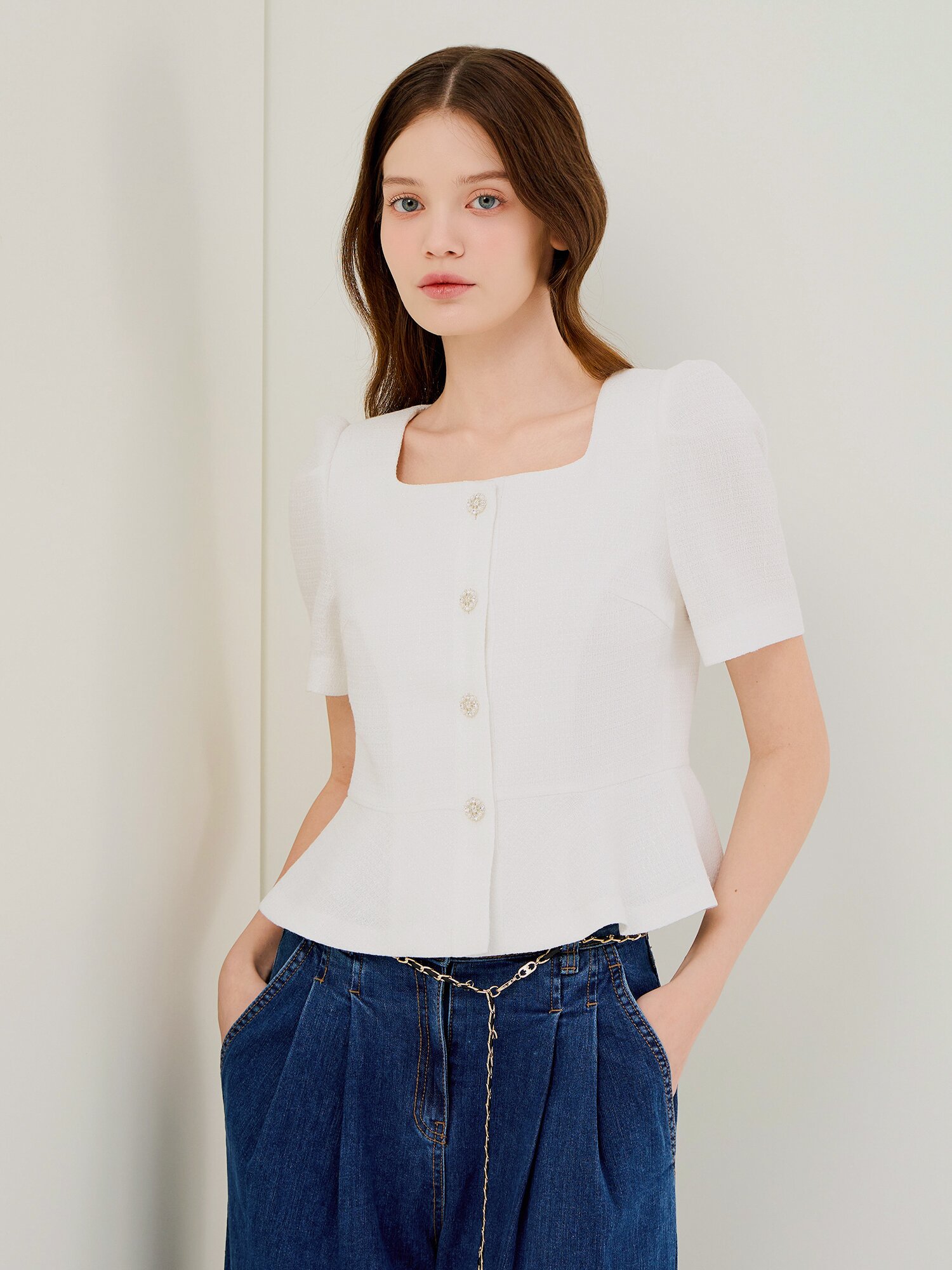 퍼프 스퀘어넥 페플럼 재킷 (WHITE)