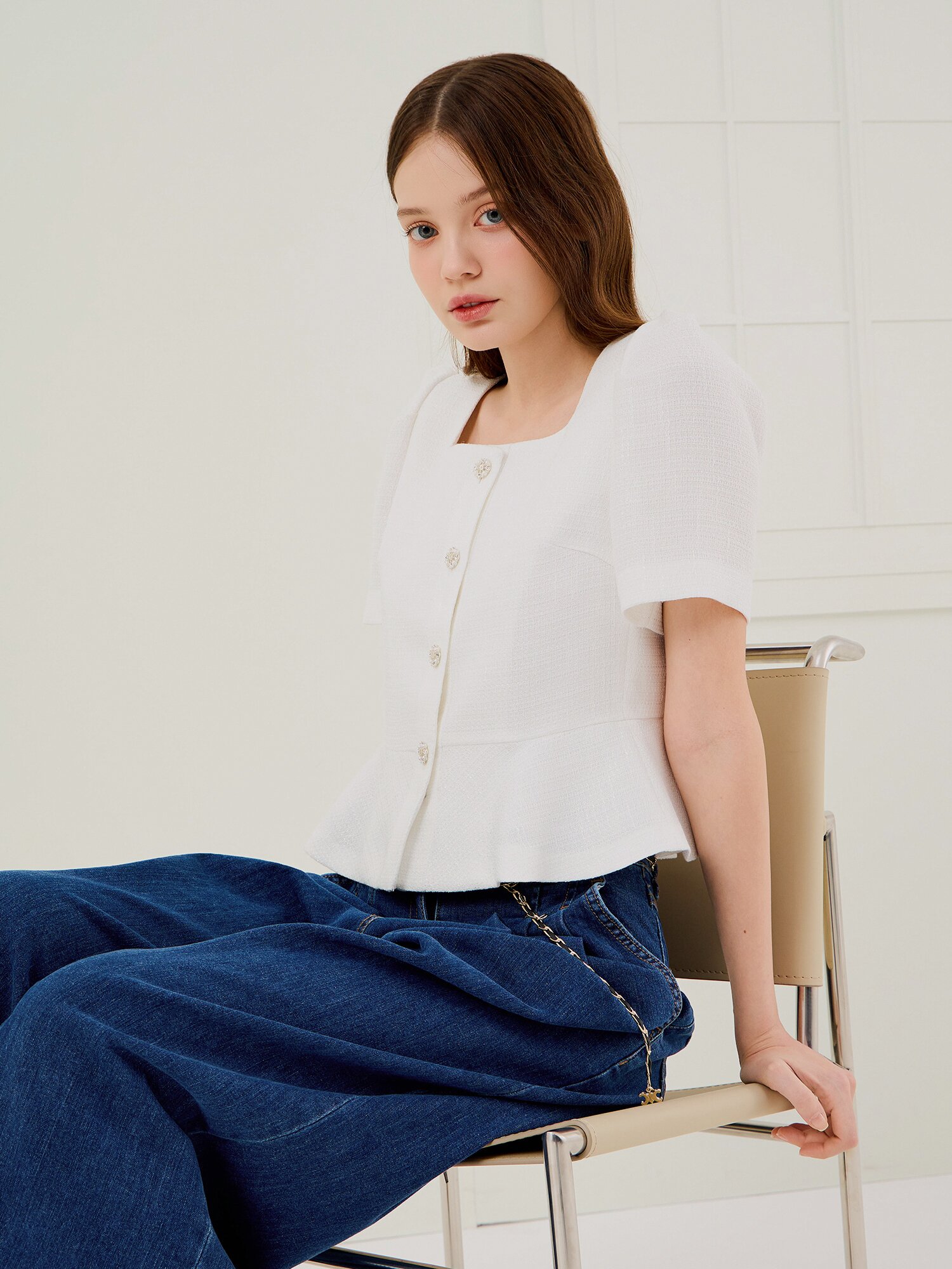 퍼프 스퀘어넥 페플럼 재킷 (WHITE)