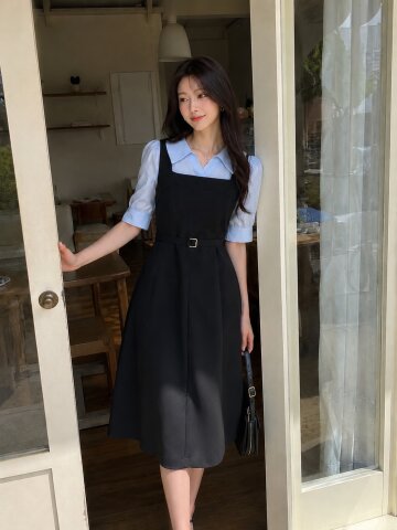 배색 뷔스티에 플레어 원피스 