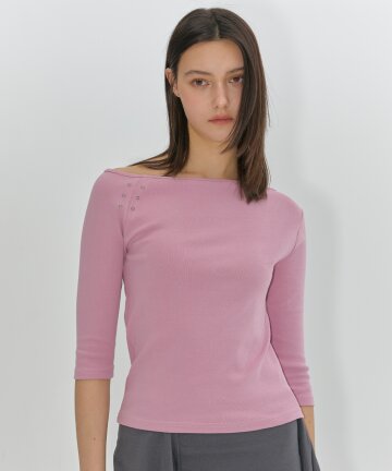 One-Shoulder Eyelet Sleeve T-Shirt (Pink)