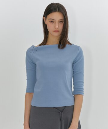 One-Shoulder Eyelet Sleeve T-Shirt (Sky Blue)