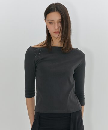 One-Shoulder Eyelet Sleeve T-Shirt (Charcoal)