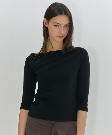 One-Shoulder Eyelet Sleeve T-Shirt (Black)