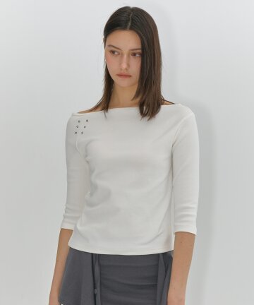 One-Shoulder Eyelet Sleeve T-Shirt (Ivory)