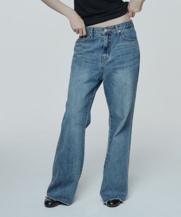 Semi-Wide Washed Denim Pants (Blue)