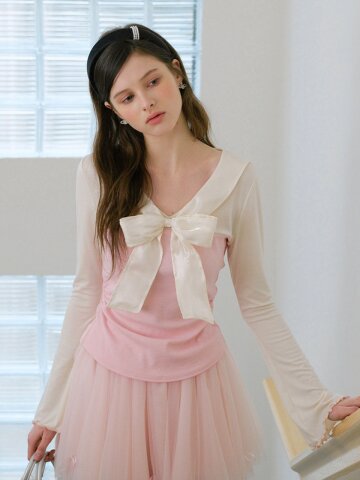 Cest_Ribbon shirring long sleeve top