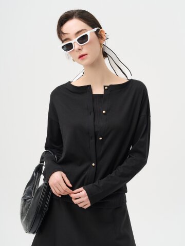 [페리 메라] 긴팔 블라우스 가디건형 티셔츠 (블랙)