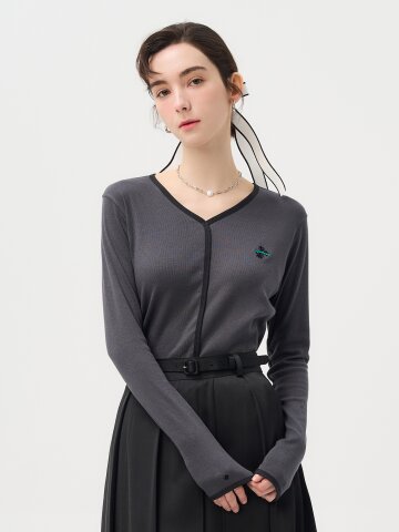 [페리 메라] 긴팔 배색 가디건형 티셔츠 (차콜)