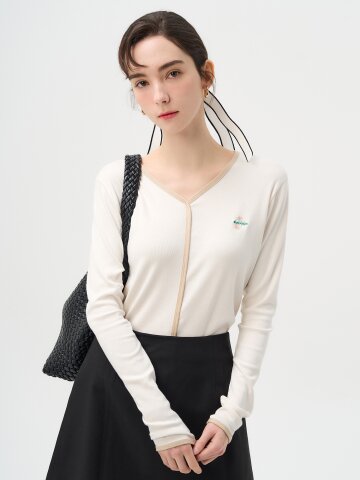 [페리 메라] 긴팔 배색 가디건형 티셔츠 (아이보리)