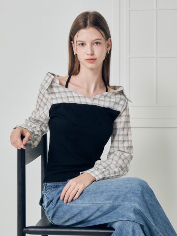 니트 배색 오프 숄더 블라우스 