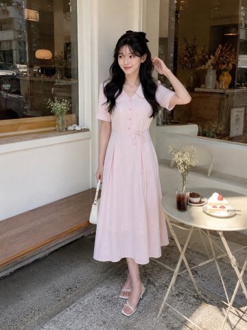 코튼 브이 칼라 플레어 원피스 