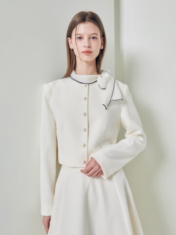 타이 펄 버튼 라운드넥 크롭 재킷 