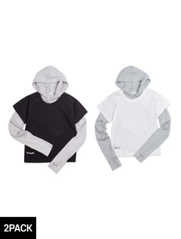 [2PACK] 무지 핑거홀 슬림핏 후드티 소프트 래글런 반팔 티셔츠 2종 패키지