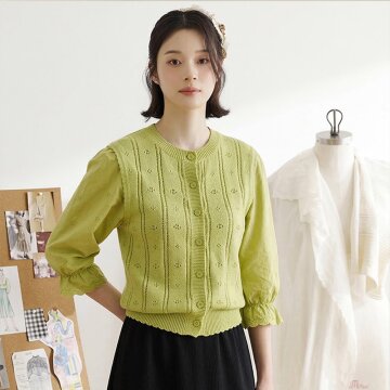 엔니튜드 자수 블라우스소매 가디건[Apple green]