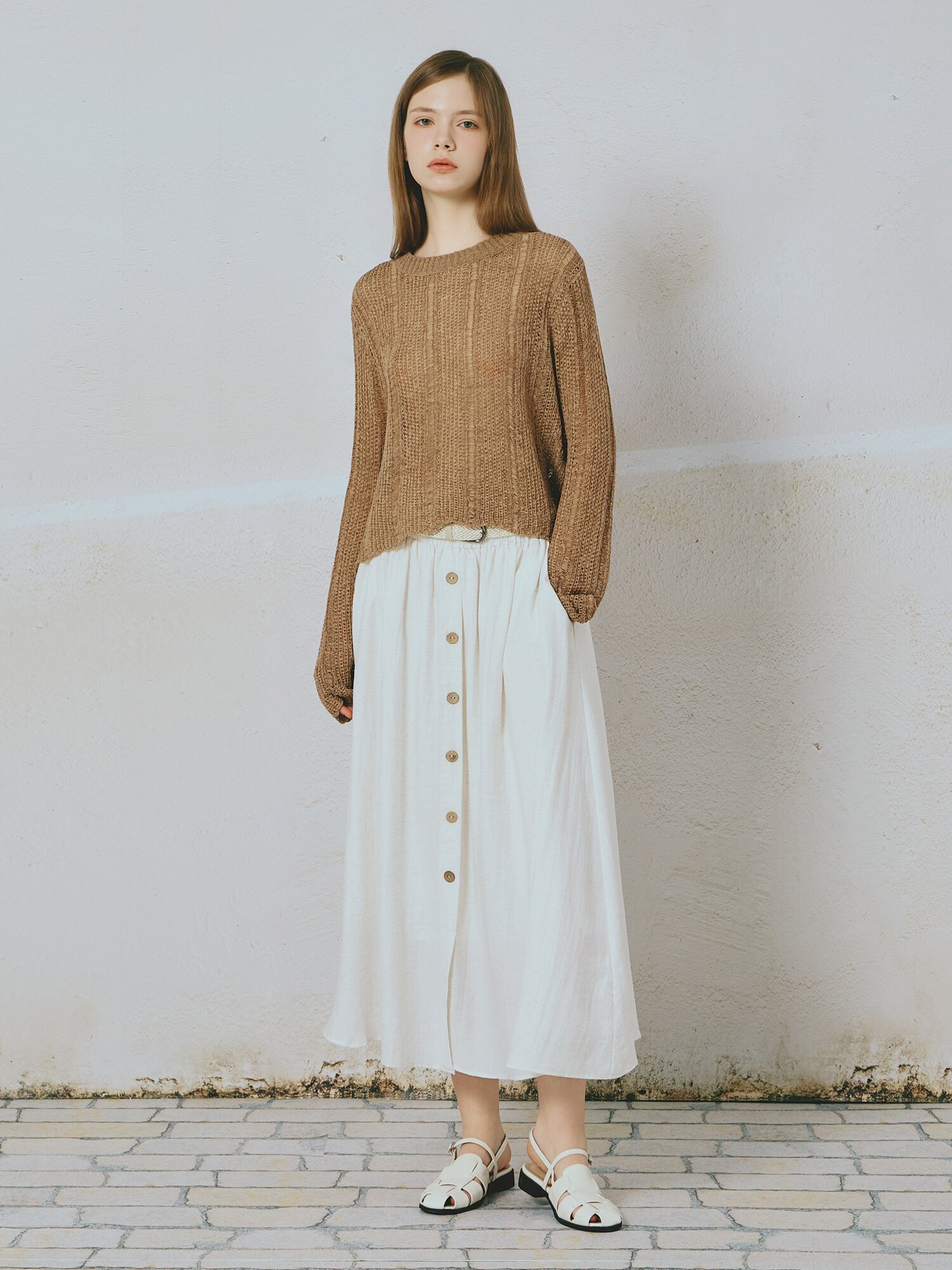 내추럴 벨티드 플레어 스커트 (IVORY)